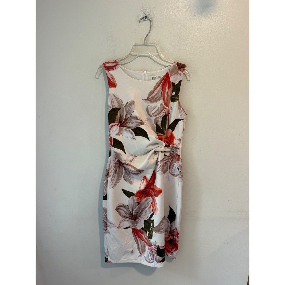 Enfocus Studio Floral Sheath Dress White Red Side Knot Buckle Size 6